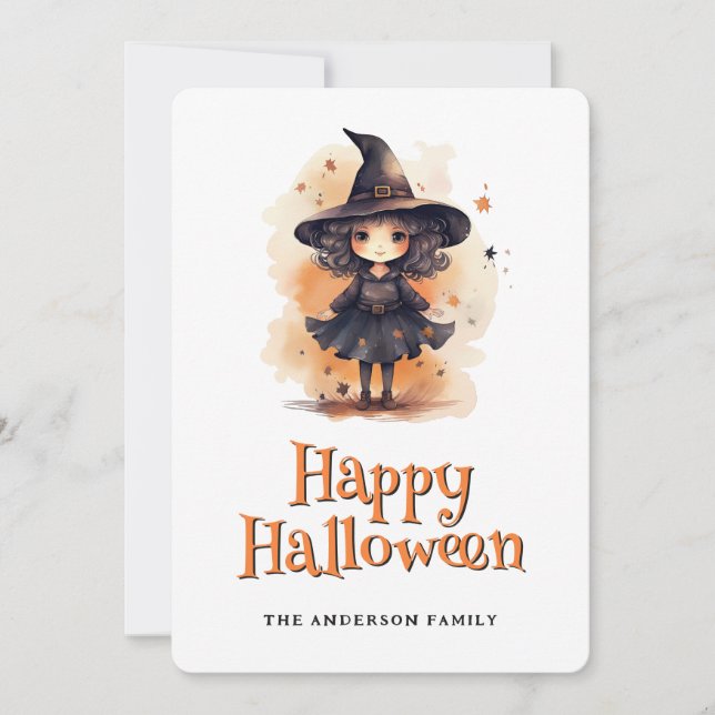 Cute Little Witch i ett Hat Happy halloween-kort Julkort (Framsida)