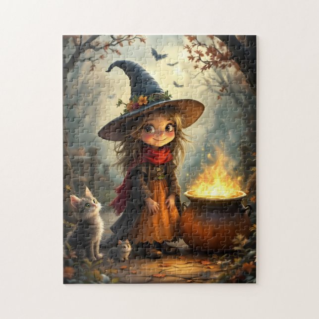 Cute little witch in forest with witch's cauldron pussel (Vertikal)