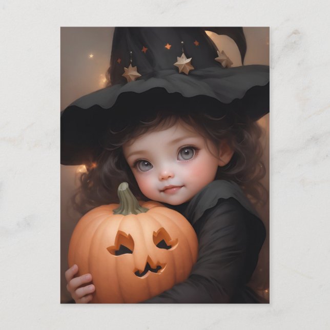 Cute Little Witch med hennes Halloween Pumpkin Vykort (Framsida)