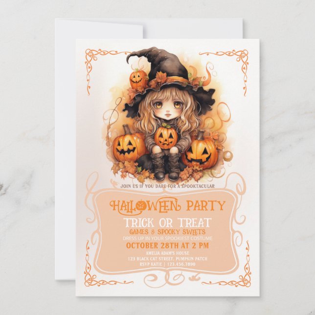 Cute Little Witch och Pumpkins Halloween Inbjudningar (Framsida)