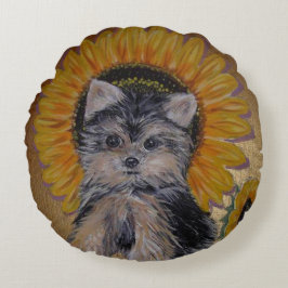 Cute Little Yorkie och Sunblommor Rund Kudde