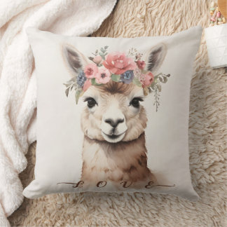Cute Llama Alpaca med Blommigt säger Kärlek Kudde