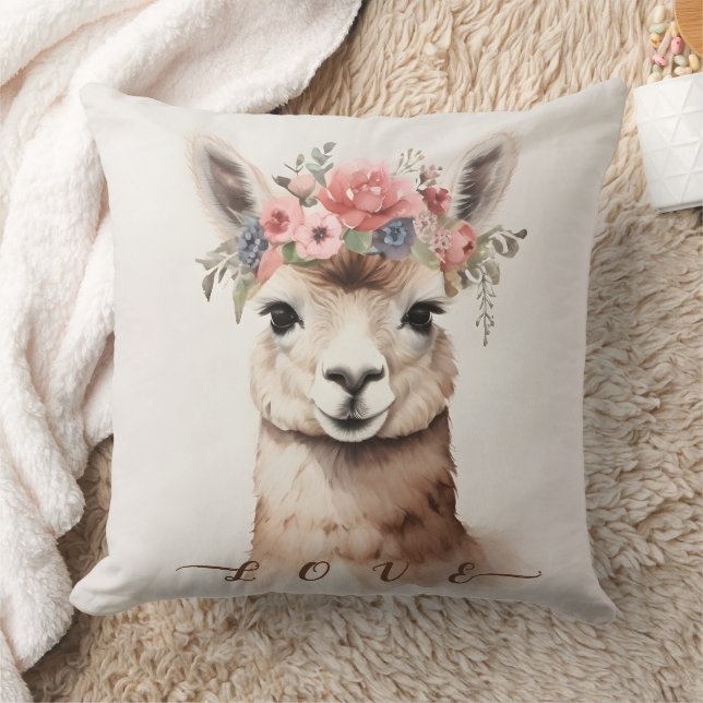 Cute Llama Alpaca med Blommigt säger Kärlek Kudde (Filt)