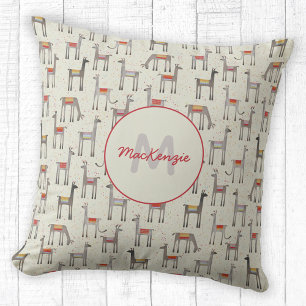 Cute Llama Alpaca Monogram Namn Kudde