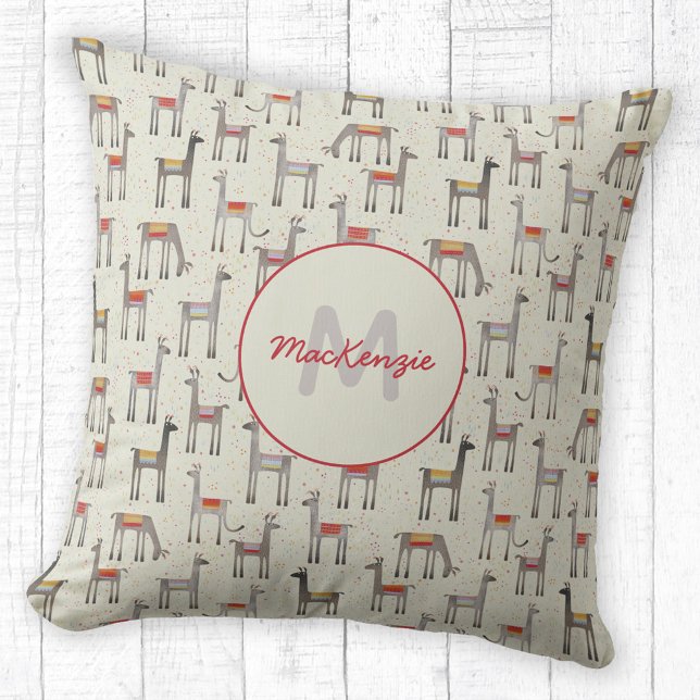 Cute Llama Alpaca Monogram Namn Kudde (Fun llama personalized name monogram initial throw pillow)