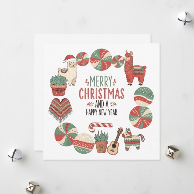 Cute Llama and Poncho Andean Christmas Card Julkort (Fram/Back In Situ)