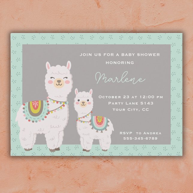Cute llama aqua och grått babydusch inbjudningar (Skapare uppladdad)