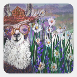 ... Cute Llama Art with Glass. och konst Fyrkantigt Klistermärke