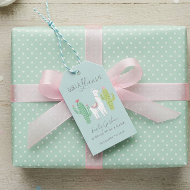 Cute Llama Baby Shower Succulents Boy Blue Presentetikett (Skapare uppladdad)