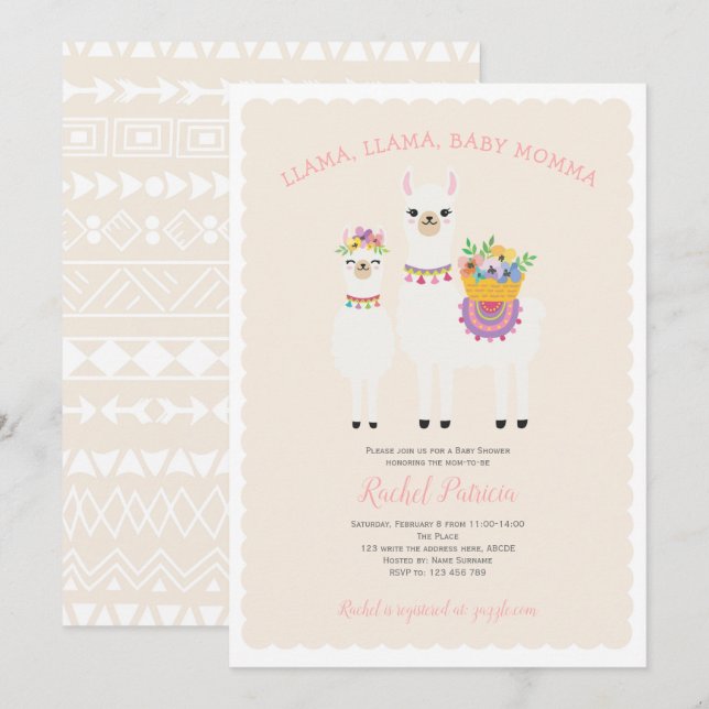 Cute, Llama-babydusch Inbjudningar (Fram/baksida)