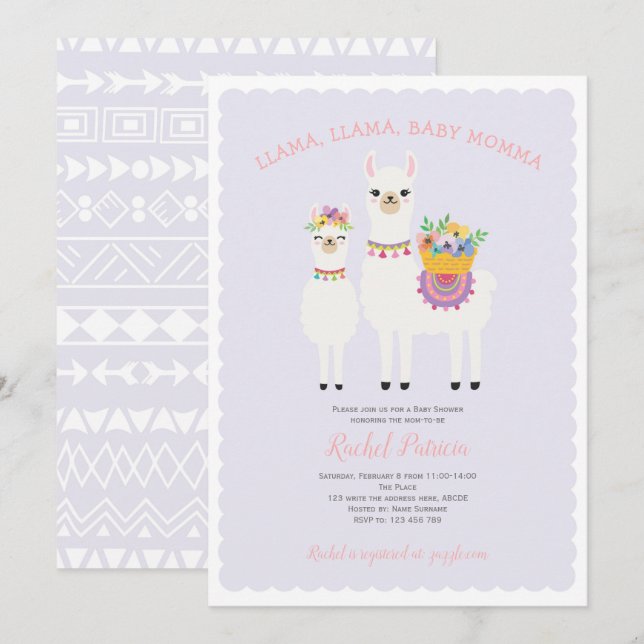 Cute, Llama-babydusch Inbjudningar (Fram/baksida)