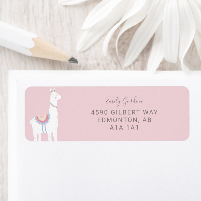 Cute Llama babyduschflicka rosa och brunt Returadress Etikett (Insitu)