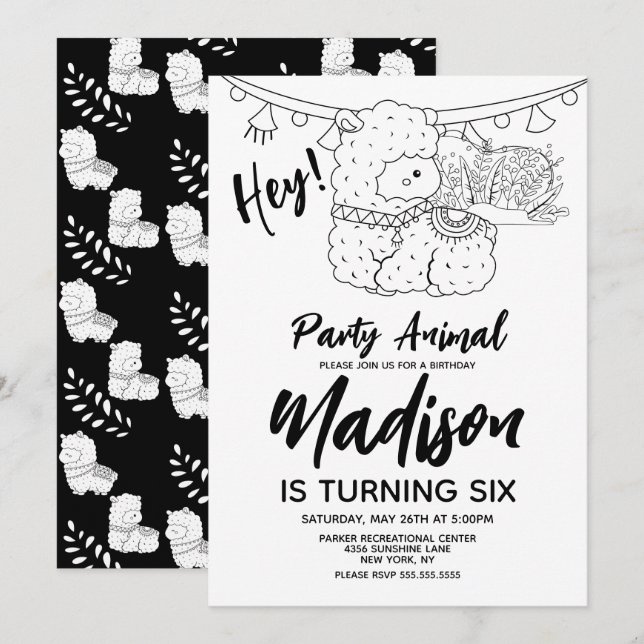 Cute Llama Barns födelsedag Party Black White Inbjudningar (Fram/baksida)