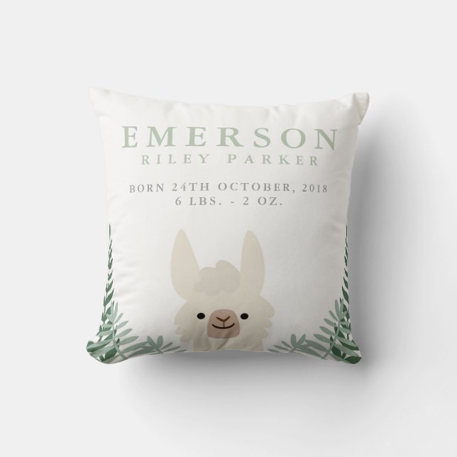Cute Llama Birth Announation Stats Nursery Pillow Kudde (Framsida)