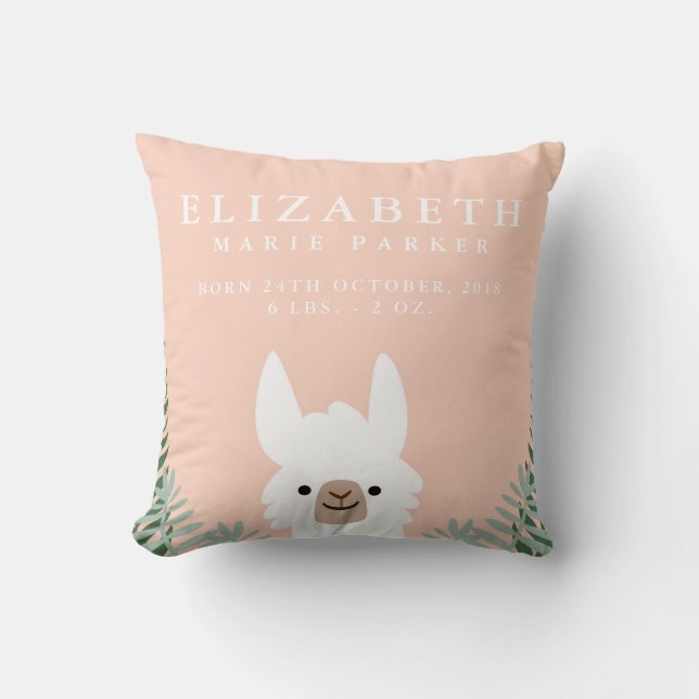 Cute Llama Birth Announation Stats Nursery Pillow Kudde (Framsida)