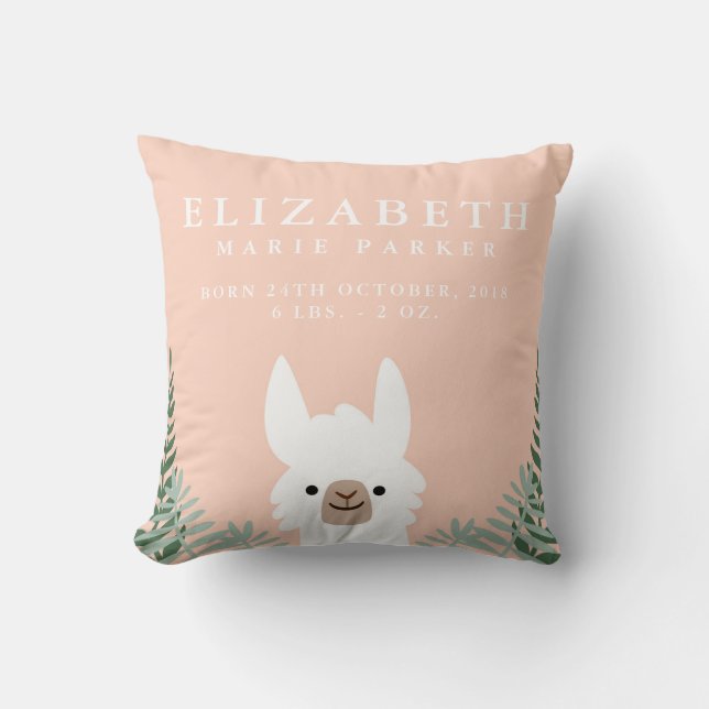 Cute Llama Birth Announation Stats Nursery Pillow Kudde (Framsida)