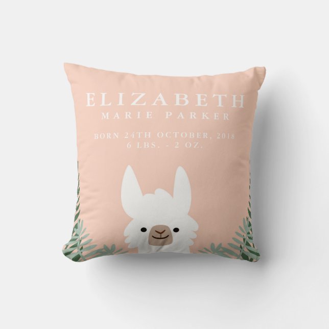 Cute Llama Birth Announcement Stats Nursery Pillow Kudde (Framsida)