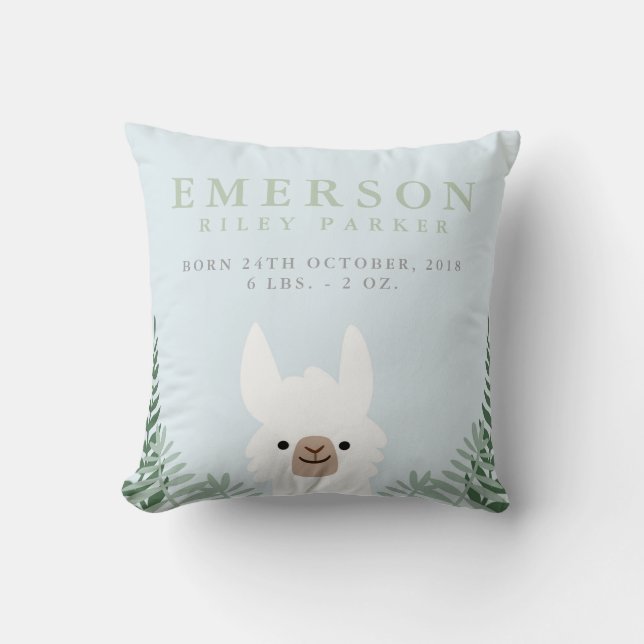 Cute Llama Birth Announcement Stats Nursery Pillow Kudde (Framsida)