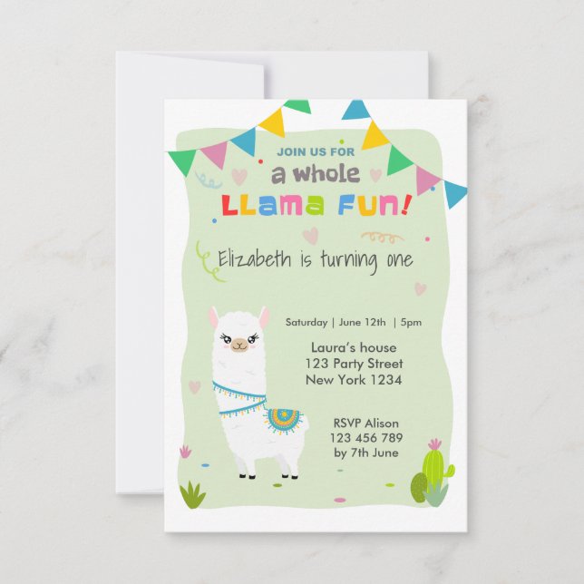 Cute Llama Birthday Inbjudningar (Framsida)