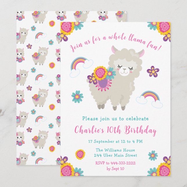 Cute Llama Blommigt Birthday-inbjudan Inbjudningar (Fram/baksida)