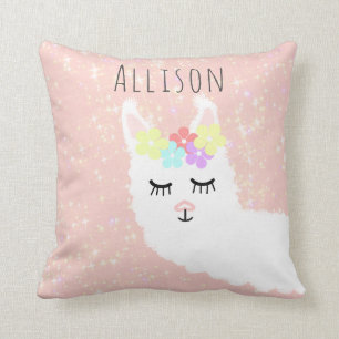 Cute Llama Blommigt Rosa Stars Personlig Kudde