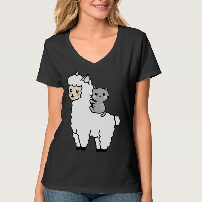 Cute Llama Cat Best Friends T Shirt (Framsida)