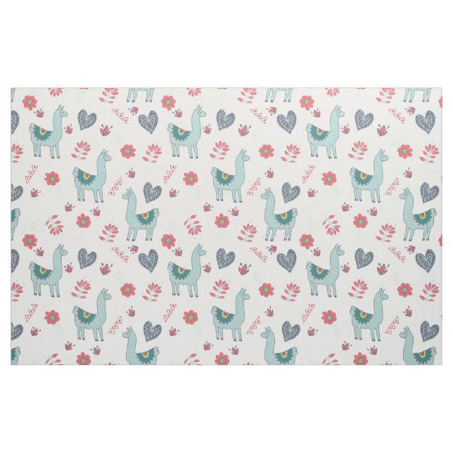 Cute Llama Flower Hearts Folk Art Doodle Tyg (Fat Quarter)