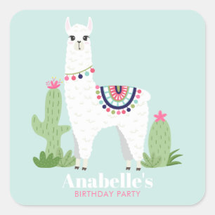 Cute Llama Girl's Födelsedagsfest Fyrkantigt Klistermärke