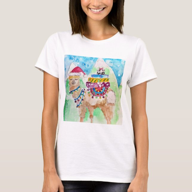 Cute Llama God jul Watercolor art T Shirt (Framsida)