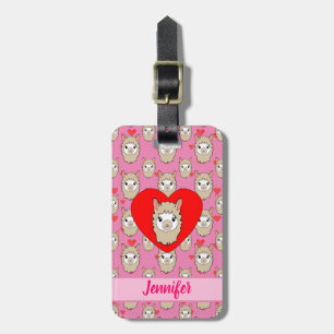 Cute Llama Head and Red Hearts Rosa Background Bagagebricka
