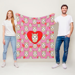 Cute Llama Head and Red Hearts Rosa Background Fleecefilt