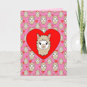 Cute Llama Head and Red Hearts Rosa Background Kort