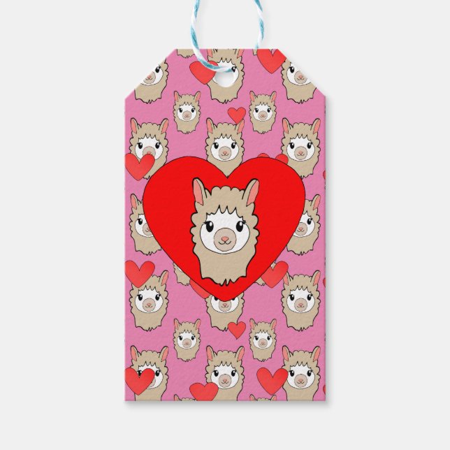 Cute Llama Head and Red Hearts Rosa Background Presentetikett (Framsidan)