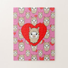Cute Llama Head and Red Hearts Rosa Background Pussel