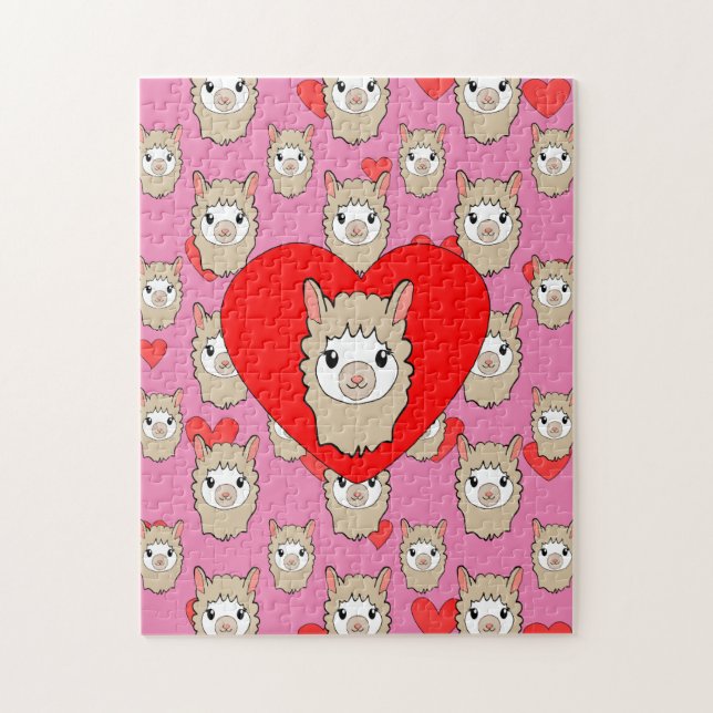 Cute Llama Head and Red Hearts Rosa Background Pussel (Vertikal)