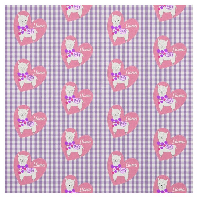 Cute Llama Heart Gingham Play Rosa Lila White Tyg (Provkarta)