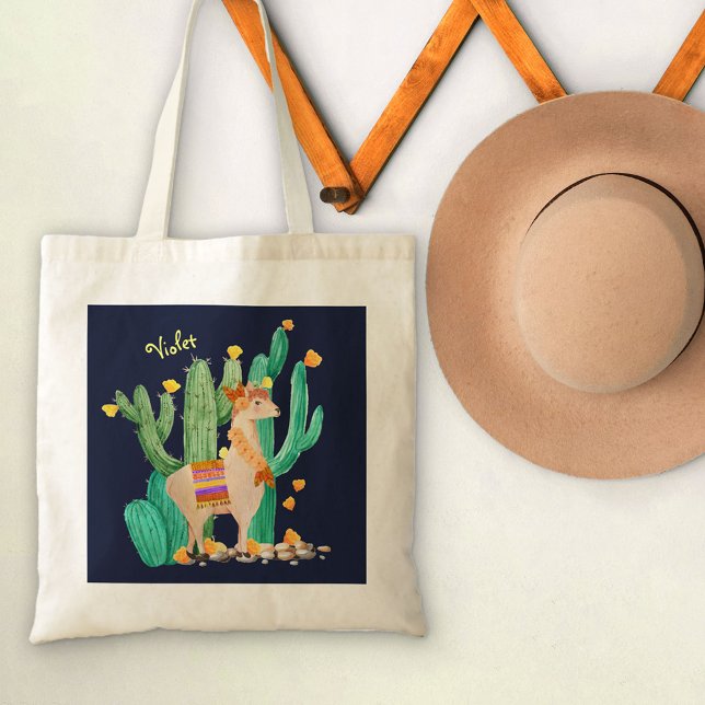 Cute Llama i Cactus Garden med Gula blommor Tygkasse (Skapare uppladdad)