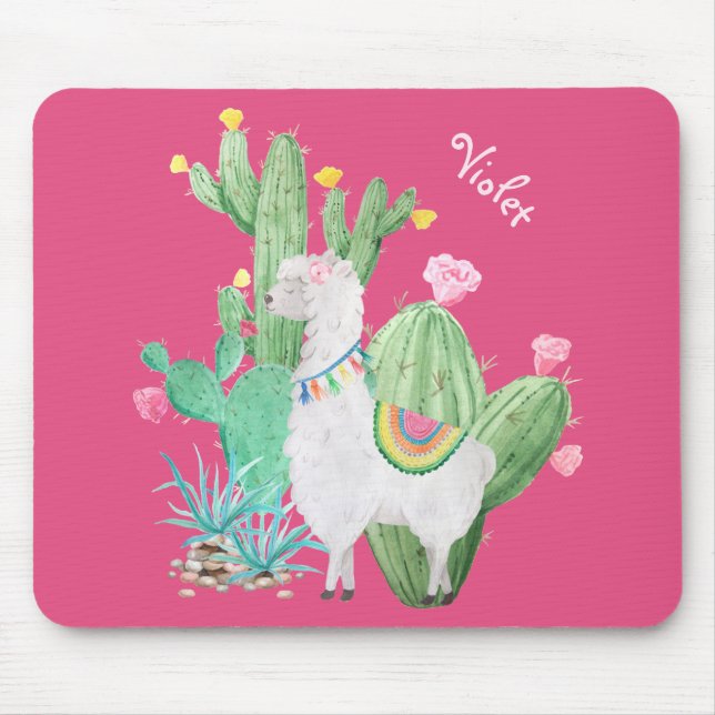 Cute Llama i Cactus Garden - Personlig Rosa Musmatta (Framsidan)