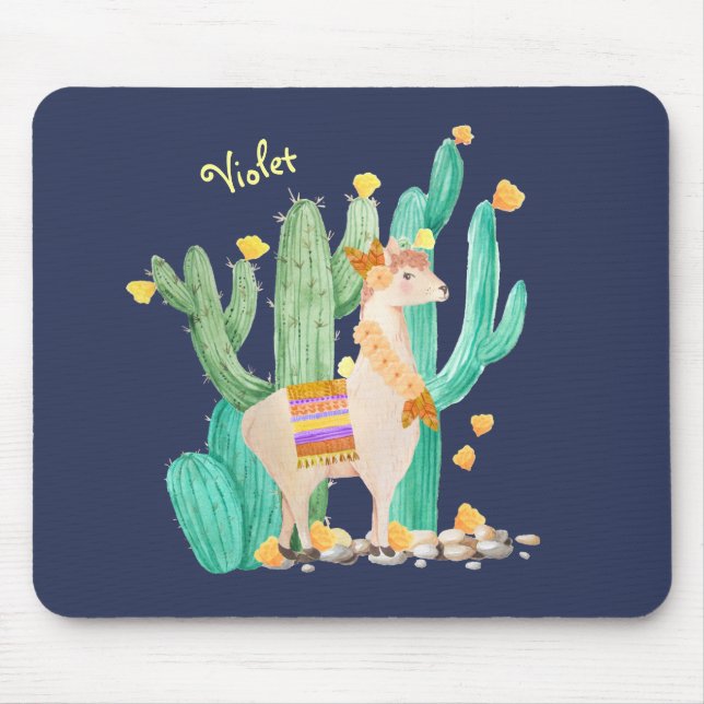 Cute Llama in Cactus Garden - Personlig Blue Musmatta (Framsidan)