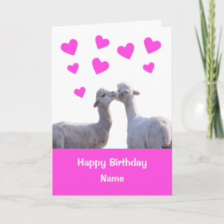 Cute Llama Kiss Rosa Hearts Grattis på födelsedage Kort