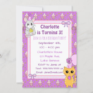 Cute Llama, Kitten och Mouse Lila Birthday Inbjudningar