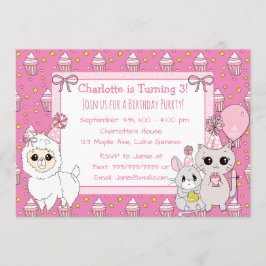 Cute Llama, Kitten och Mouse Rosa Girl Girl Girl B Inbjudningar