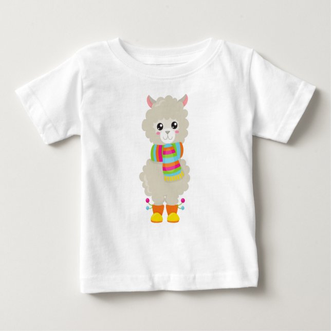 Cute Llama, Little Llama, Alpaca, Llama med Scarf T Shirt (Framsida)