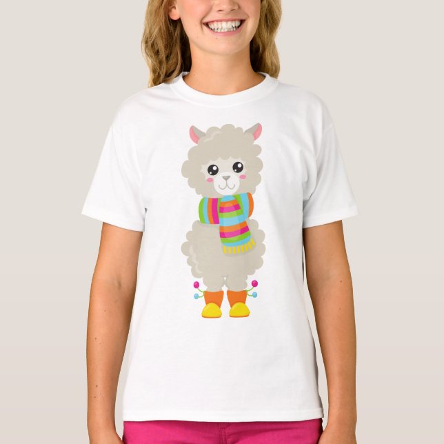 Cute Llama, Little Llama, Alpaca, Llama med Scarf T Shirt (Framsida)