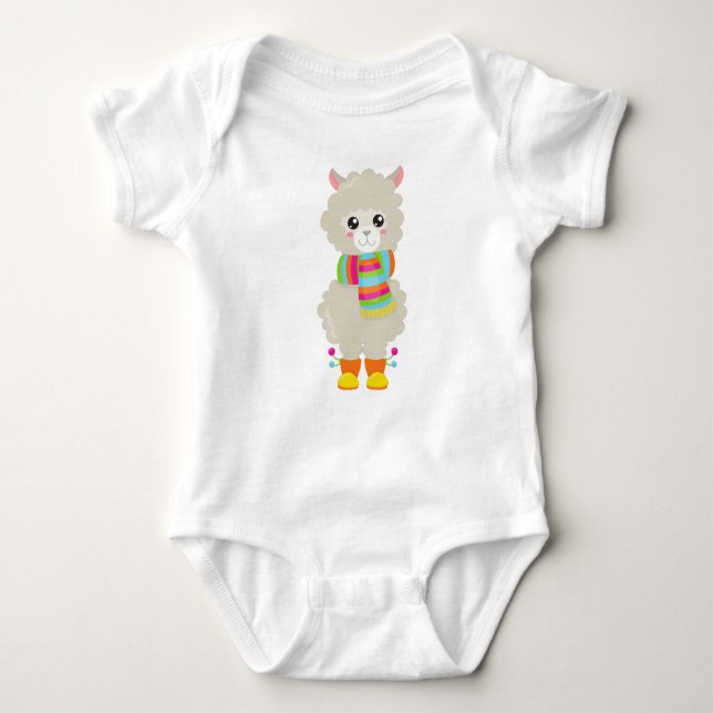 Cute Llama, Little Llama, Alpaca, Llama med Scarf T Shirt (Framsida)