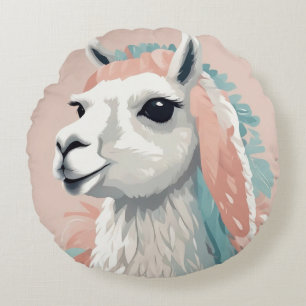 Cute Llama med Colorful Päls på huvudet Rund Kudde