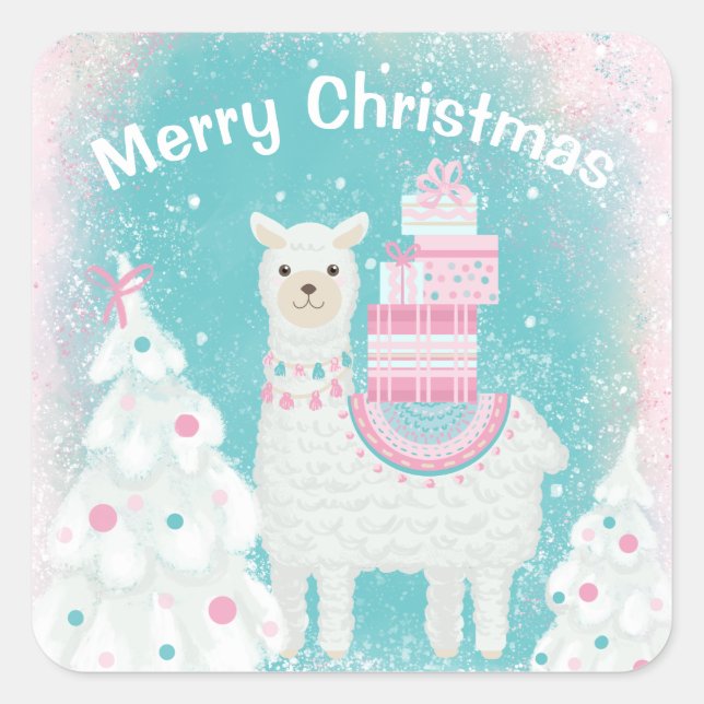 Cute Llama med julklappar Fyrkantigt Klistermärke (Framsida)
