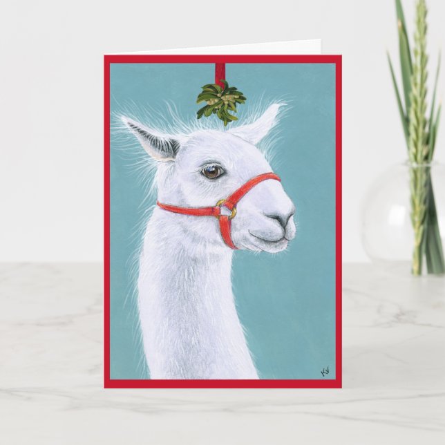 Cute Llama med Mistletoe-julkort, Helgdag Helgkort (Framsida)