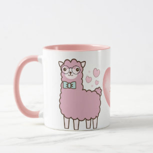 Cute Llama med Rosa Hearts Girly Namn Monogram Mugg
