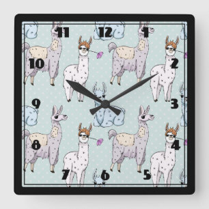 Cute Llama Mönster på Polka dots Fyrkantig Klocka